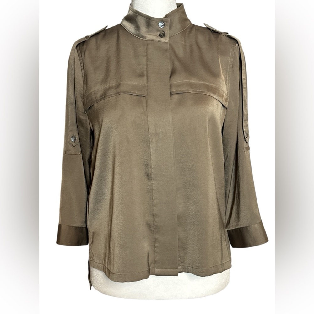 BCBGMaxAzria Tan Boxy Mandarin Collar Blouse Size XS